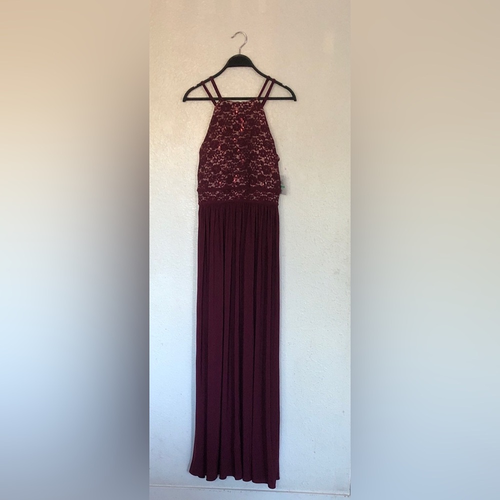 Lace Bodice Burgundy Maxi Dress with Double Straps - Women